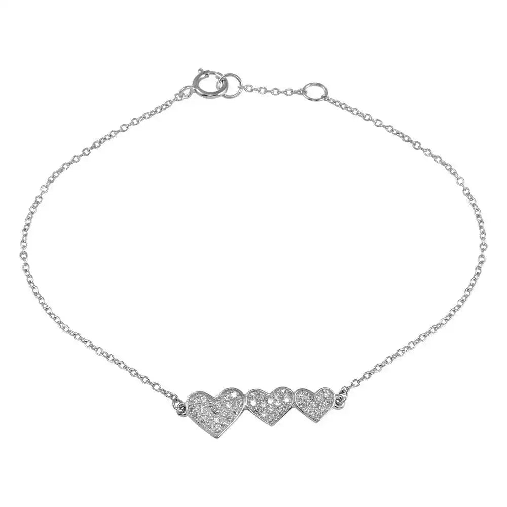 925 Sterling Silver Rhodium Plated Double 3 CZ Hearts Chain Bracelet
