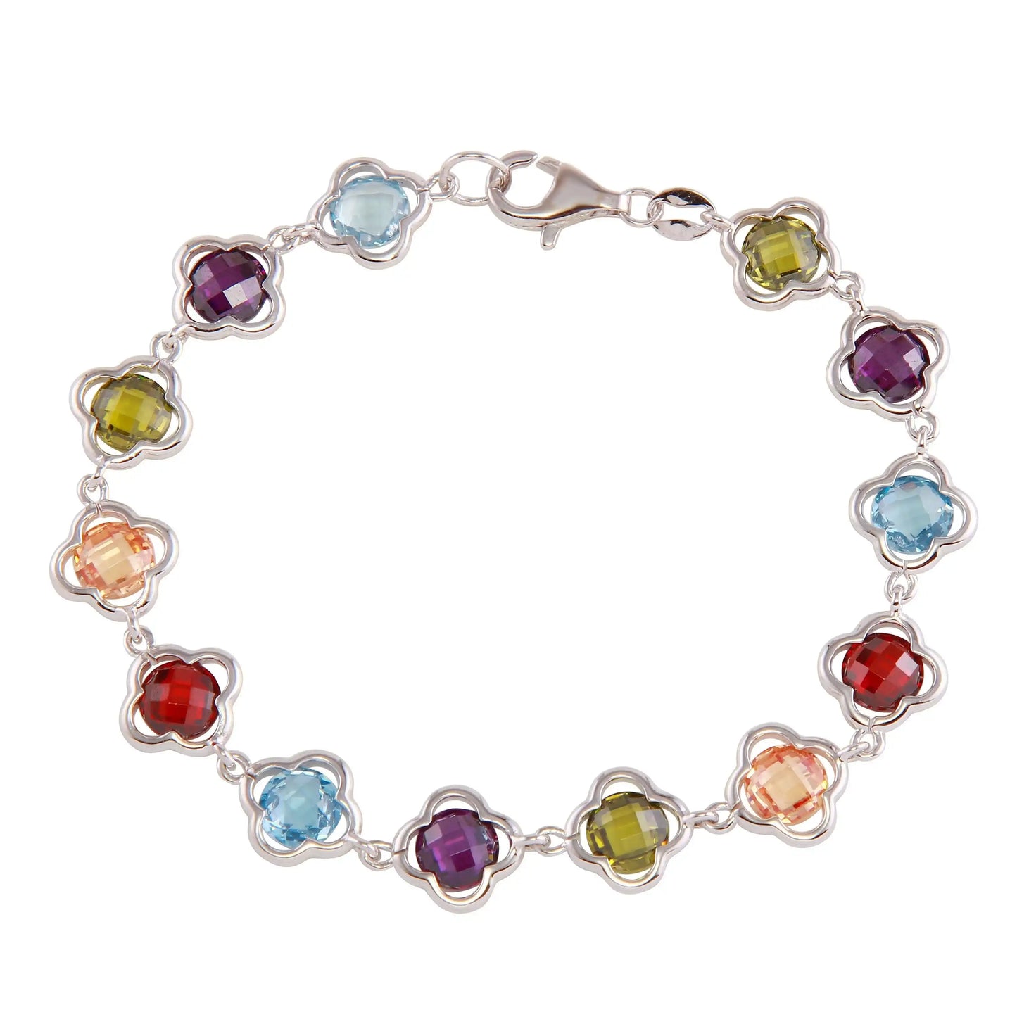 925 Sterling Silver Rhodium Plated Multi-Color Flower Bracelet