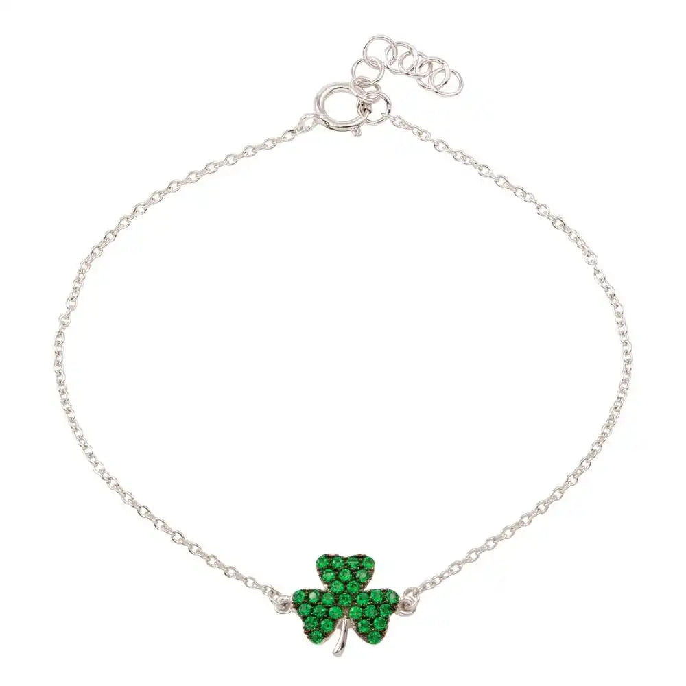 925 Sterling Silver Rhodium Plated Clover Bracelet with Green CZ