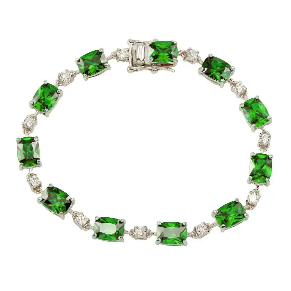 925 Sterling Silver Rhodium Plated Clear and Green CZ Tennis Bracelet
