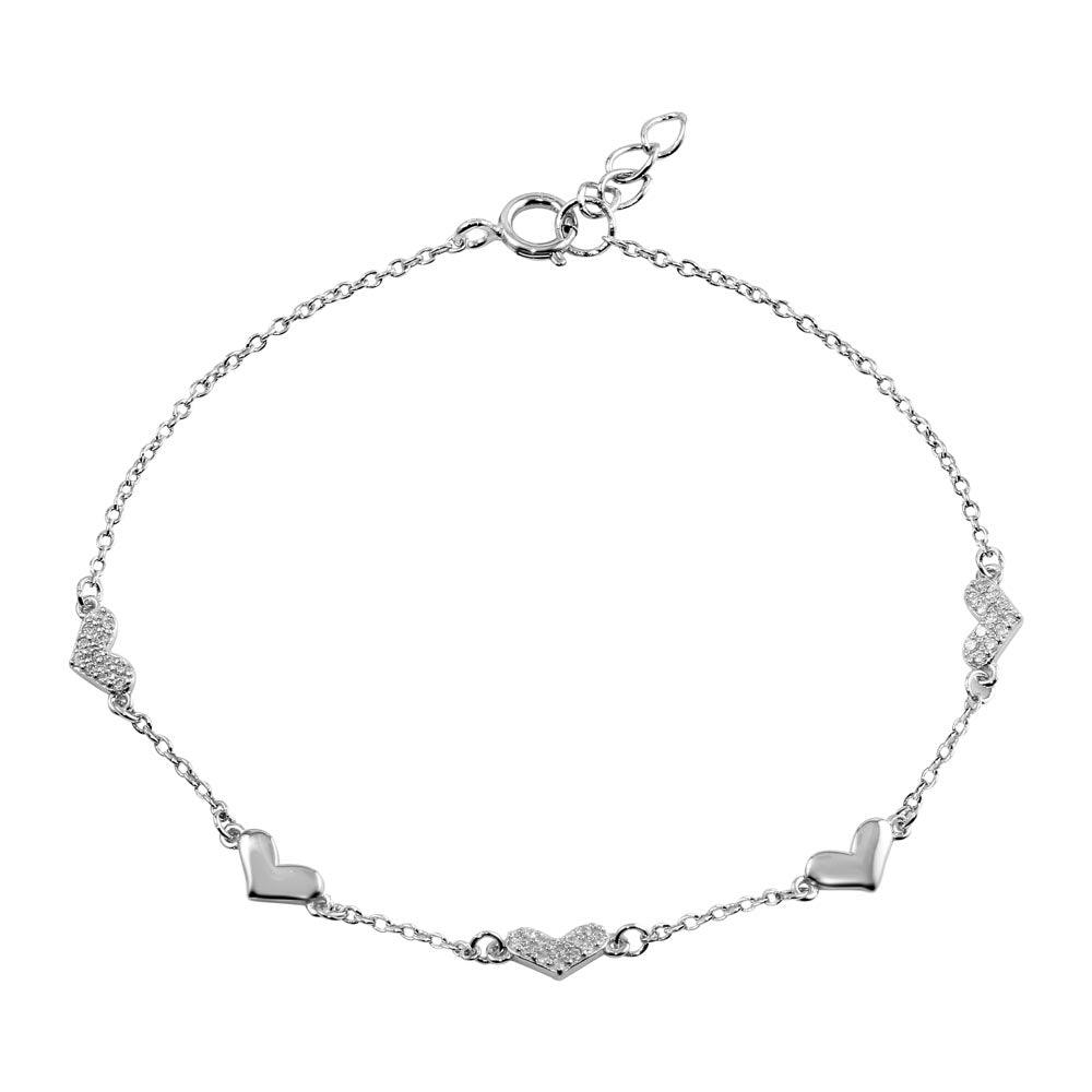 925 Sterling Silver Rhodium Plated CZ Hearts Chain Bracelet