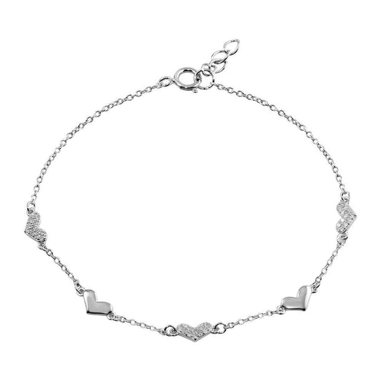 925 Sterling Silver Rhodium Plated CZ Hearts Chain Bracelet