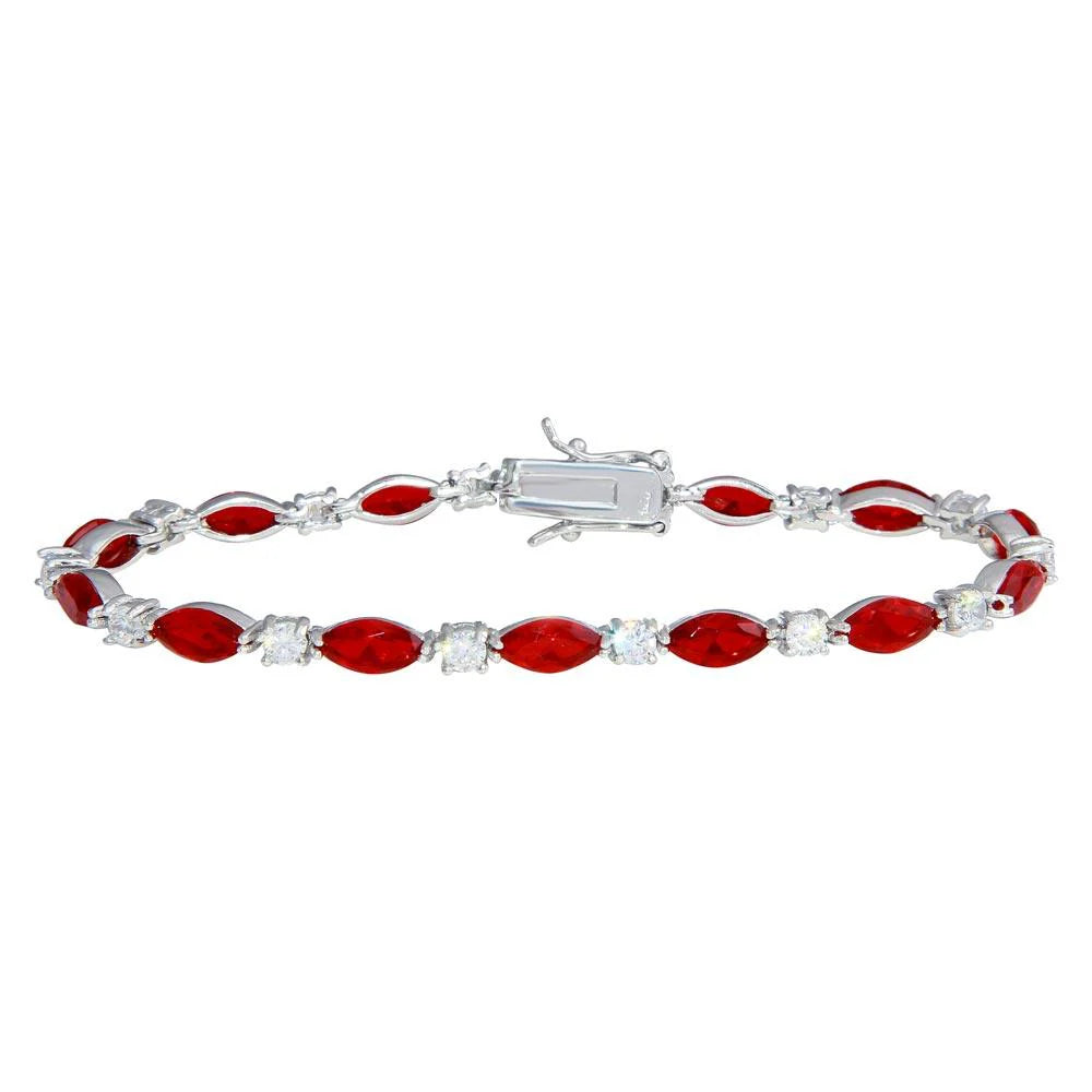 925 Sterling Silver Rhodium Plated Alternating Red Oval CZ and Clear Round CZ Tennis Bracelet