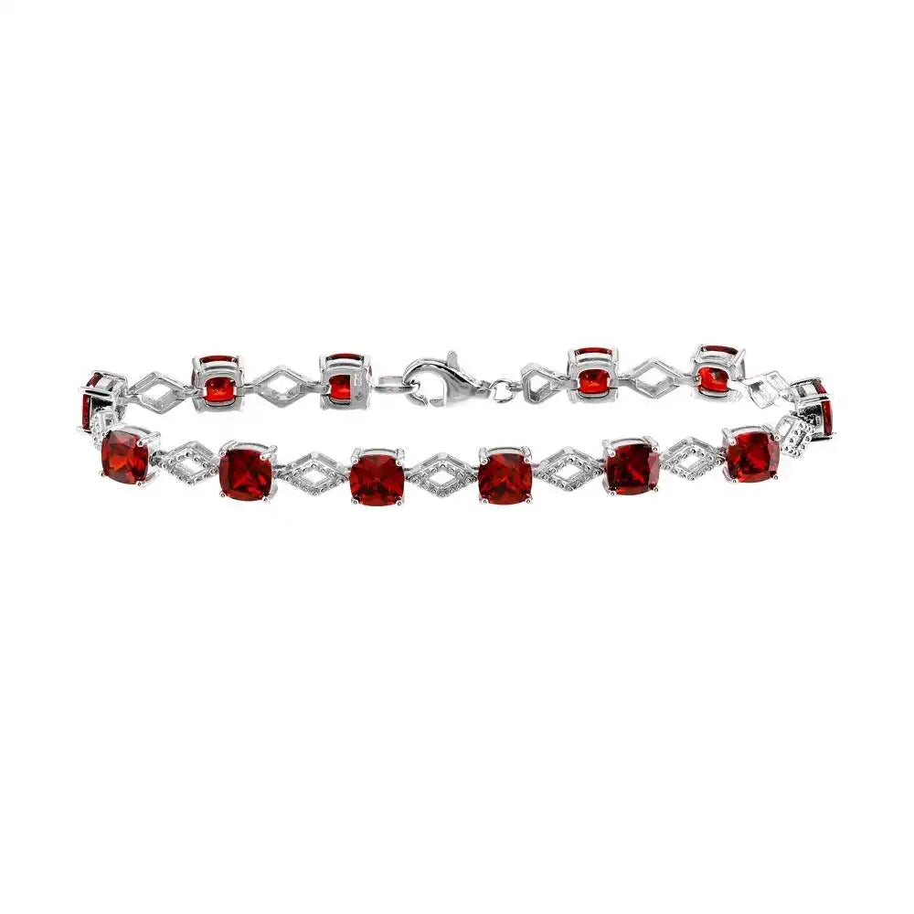 925 Sterling Silver Rhodium Plated Red CZ Link Bracelet