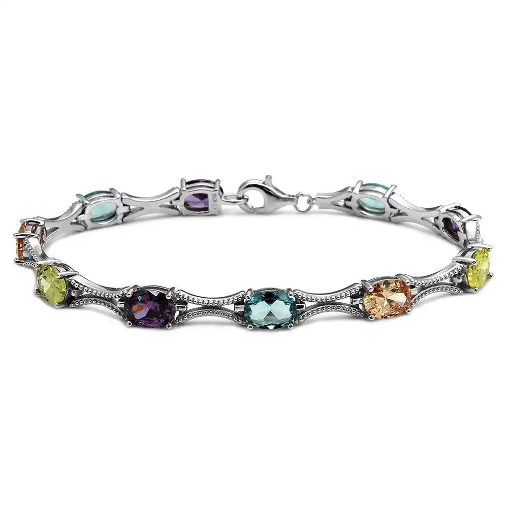 925 Sterling Silver Rhodium Plated Multiple Color Oval CZ Tennis Bracelet