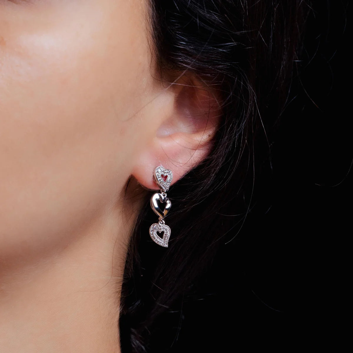 925 Silver Rhodium Plated Clear Multiple Open Heart CZ Stud Dangling Earrings