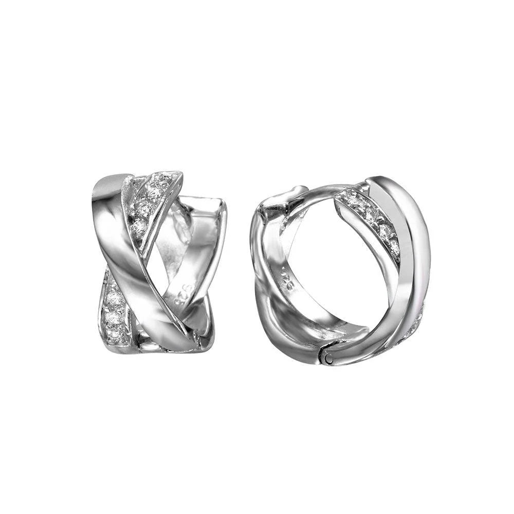 925 Silver Rhodium Plated X huggie hoop Earrings with Cubic Zirconia Stones