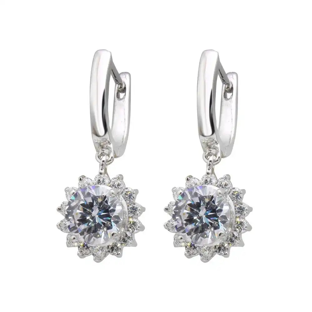 925 Sterling Silver Rhodium Plated Sun CZ Dangling huggie hoop Earrings