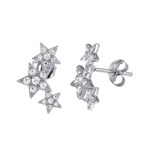925 Sterling Silver Rhodium Plated Three Star Stud Earrings