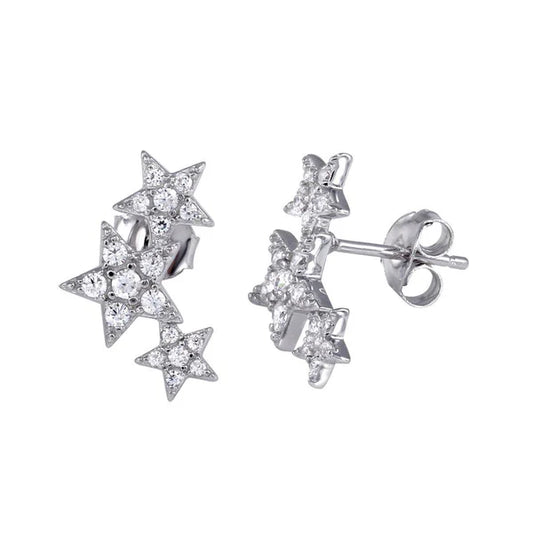 925 Sterling Silver Rhodium Plated Three Star Stud Earrings