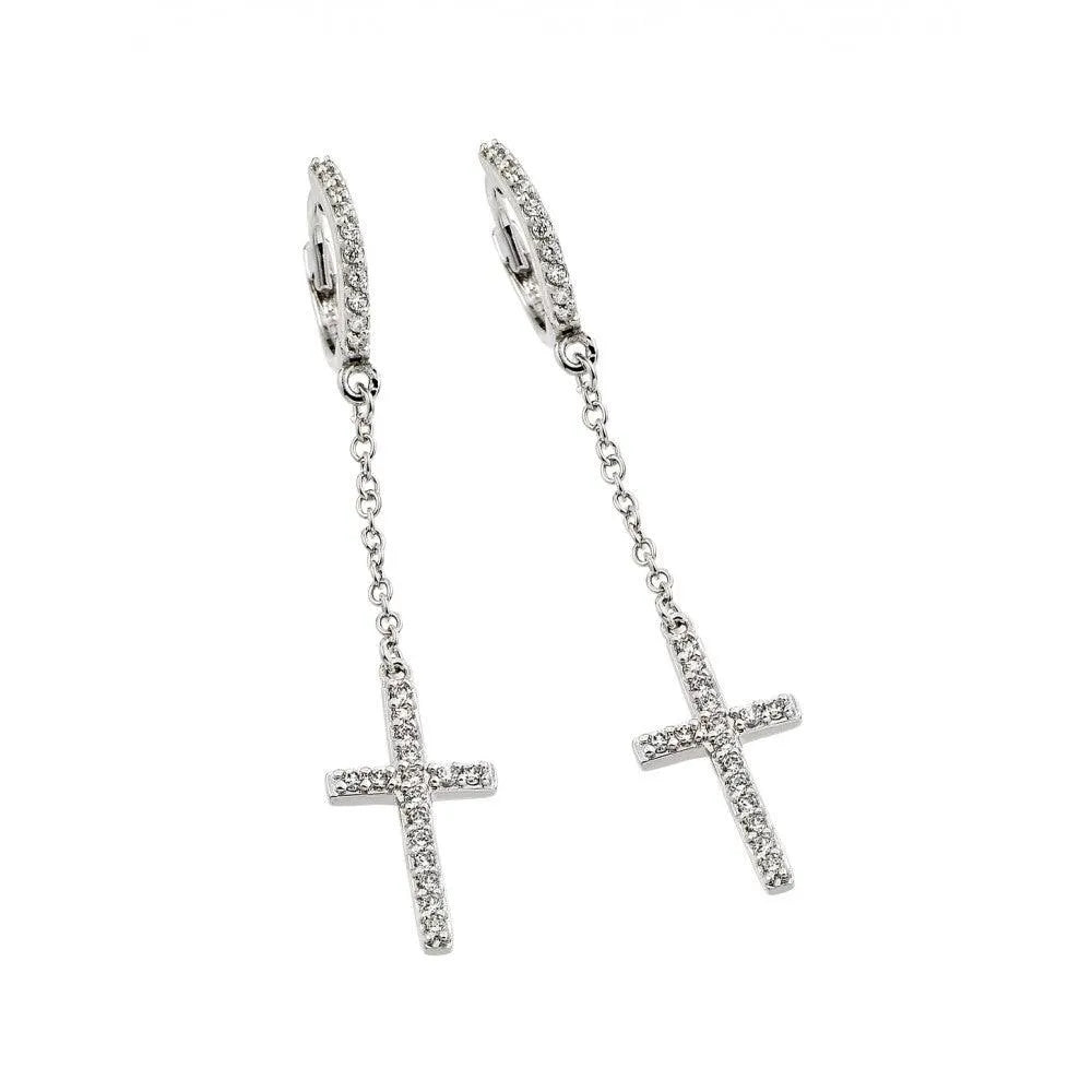 925 Sterling Silver Rhodium Plated Round Cross Clear CZ Wire Dangling huggie hoop Earrings