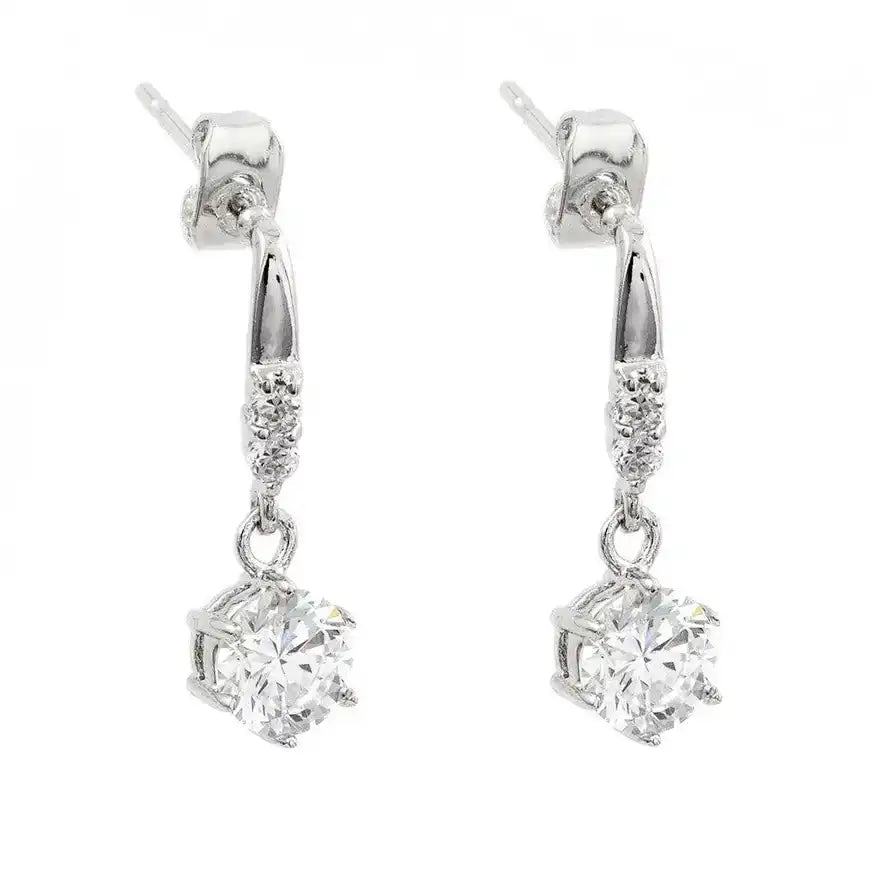 925 Sterling Silver Rhodium Plated Round Center CZ Dangling Stud Earrings