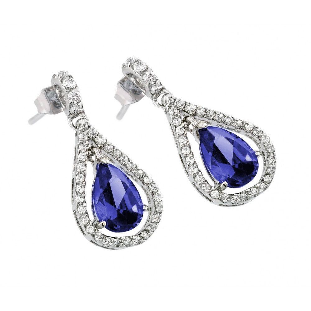 925 Silver Rhodium Plated Teardrop Purple CZ Dangling Stud Earrings