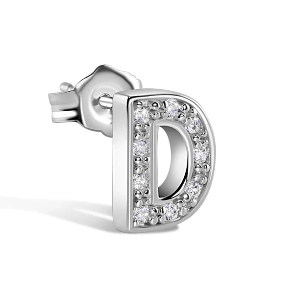 925 Sterling Silver Rhodium Plated Letter Alphabet Clear CZ 8.8mm Stud Single Earring