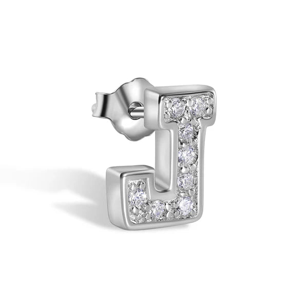 925 Sterling Silver Rhodium Plated Letter Alphabet Clear CZ 8.8mm Stud Single Earring