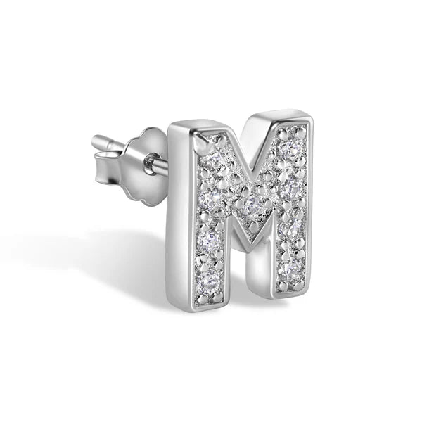 925 Sterling Silver Rhodium Plated Letter Alphabet Clear CZ 8.8mm Stud Single Earring