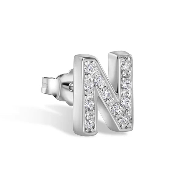 925 Sterling Silver Rhodium Plated Letter Alphabet Clear CZ 8.8mm Stud Single Earring