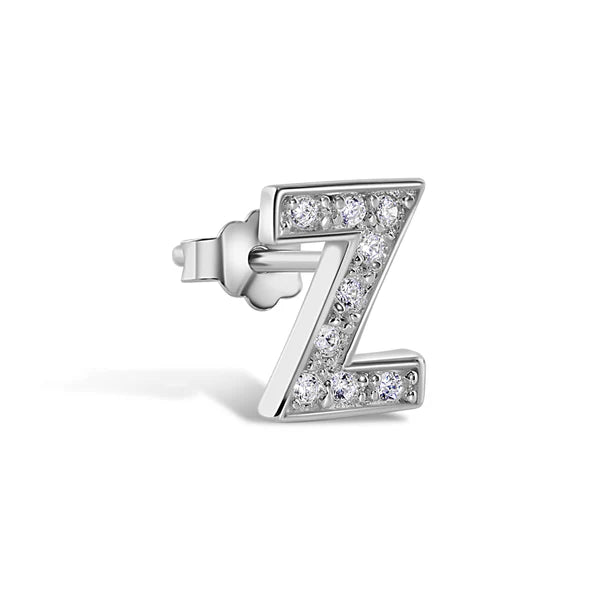 925 Sterling Silver Rhodium Plated Letter Alphabet Clear CZ 8.8mm Stud Single Earring