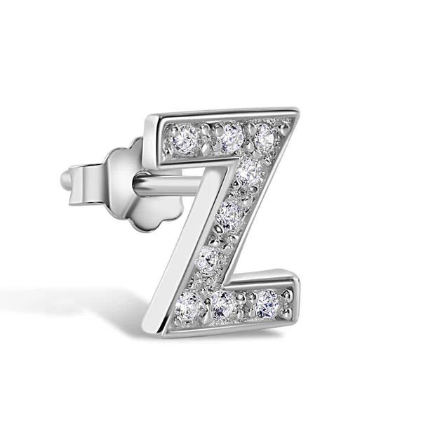 925 Sterling Silver Rhodium Plated Letter Alphabet Clear CZ 8.8mm Stud Single Earring