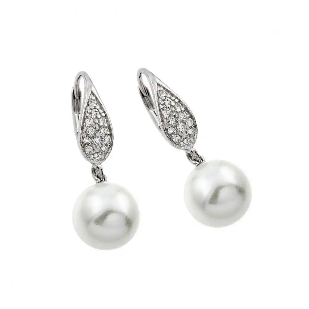 925 Sterling Silver Rhodium Plated Marquis CZ Hanging Pearl Leverback Earrings