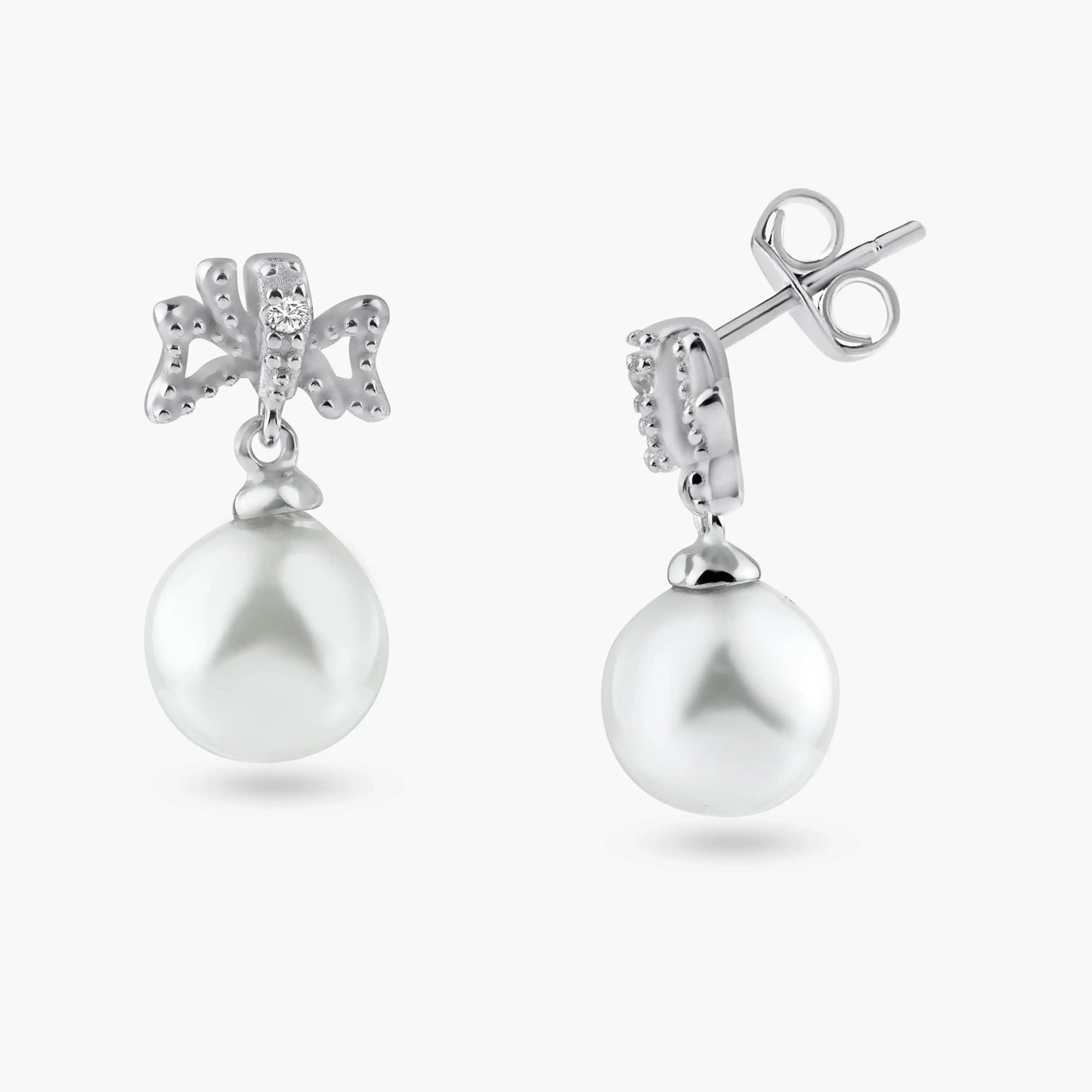 925 Sterling Silver Rhodium Plated Ribbon CZ Hanging Pearl Stud Earrings