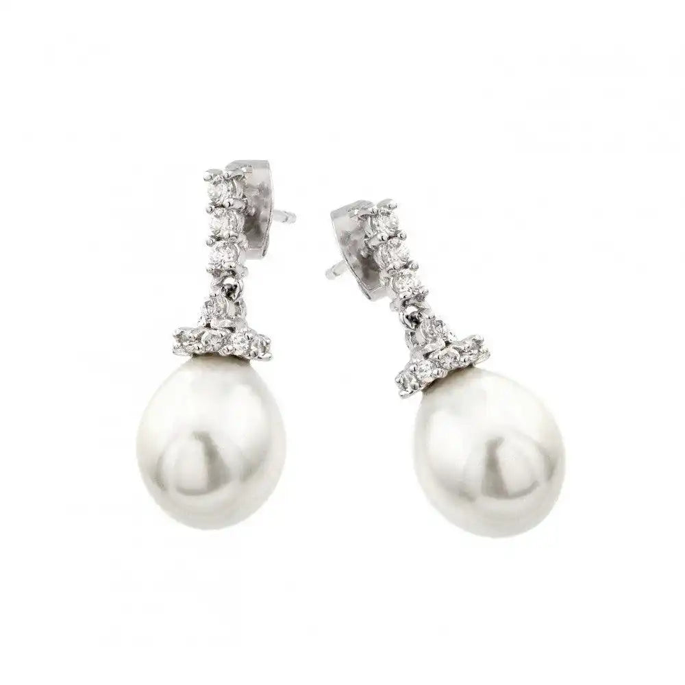925 Sterling Silver Rhodium Plated CZ Hanging Pearl Stud Earrings