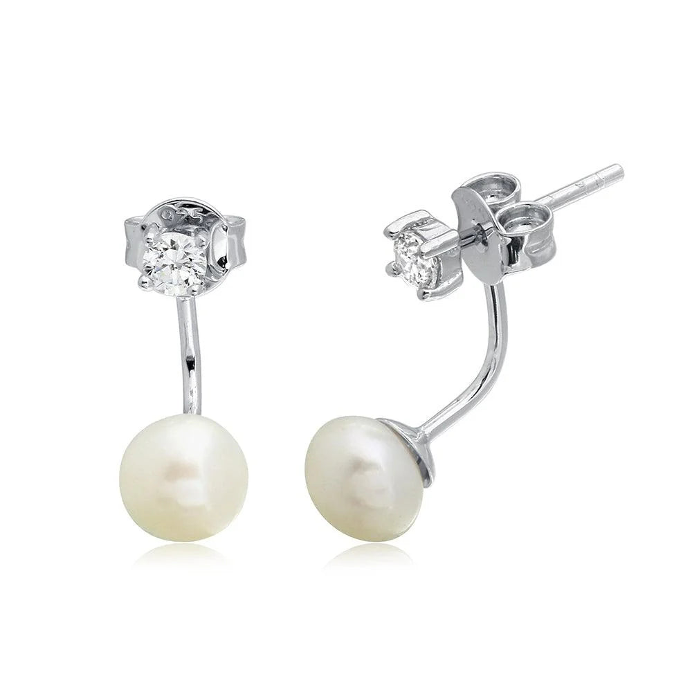 925 Sterling Silver High Polished CZ Earrings with Hanging Fresh Water Pearls