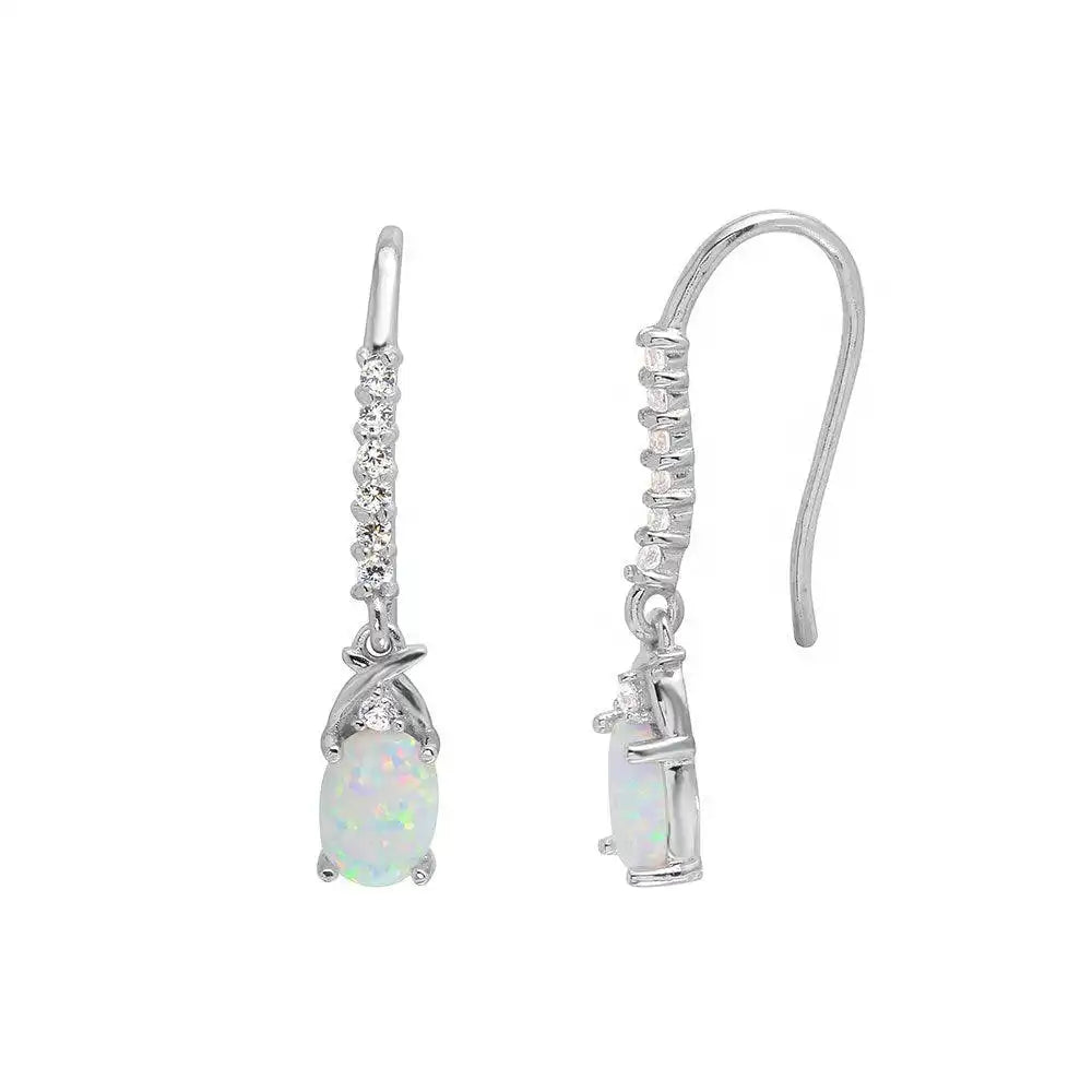 925 Sterling Silver Rhodium Plated Dangling Oval Opal with CZ Earrings