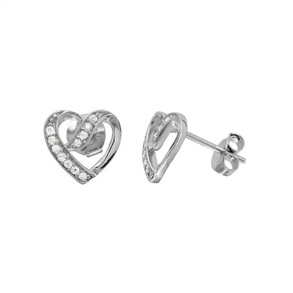 925 Sterling Silver Rhodium Plated CZ Open Overlap Heart Stud Earrings