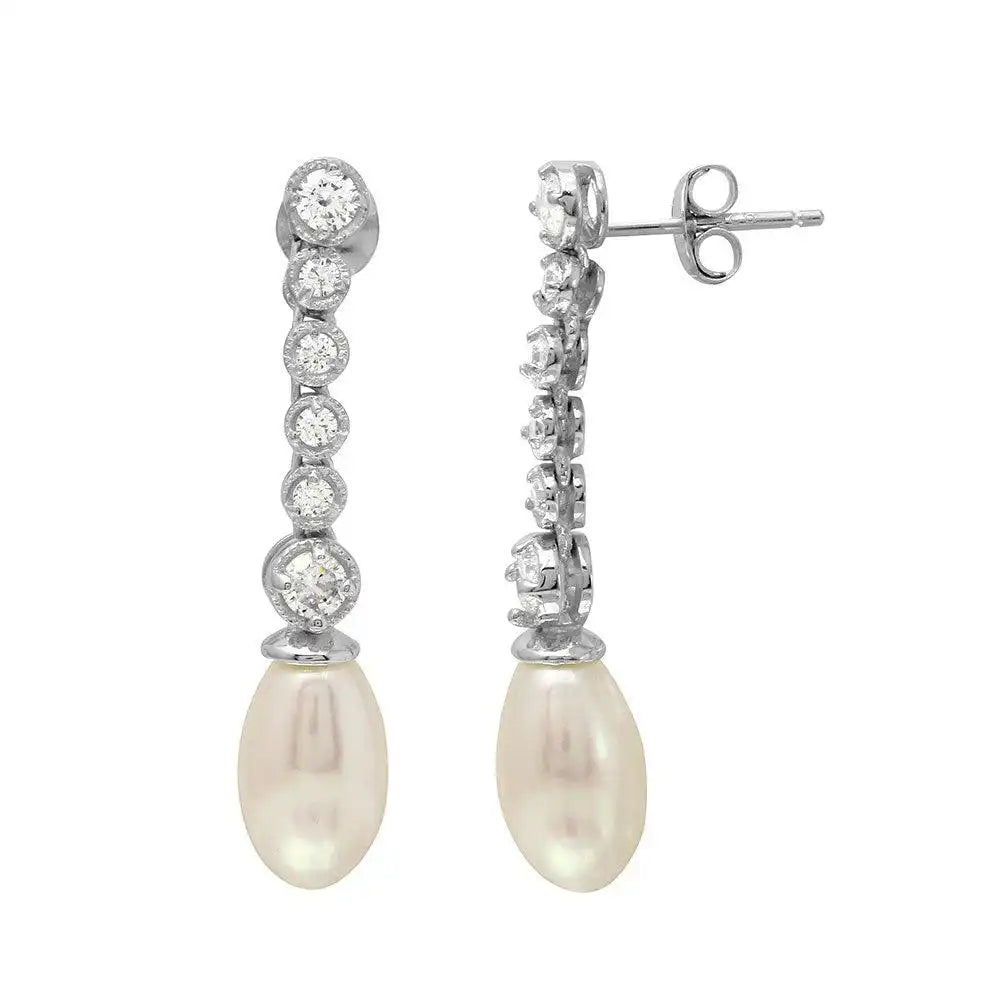 925 Sterling Silver Rhodium Plated Bubble Dangling Earrings with Fresh Water Pearl