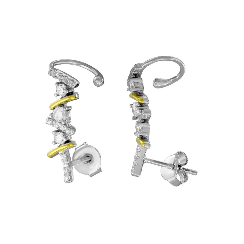 925 Sterling Silver Two-Tone Rhodium and Gold Plated CZ Climbing Earrings