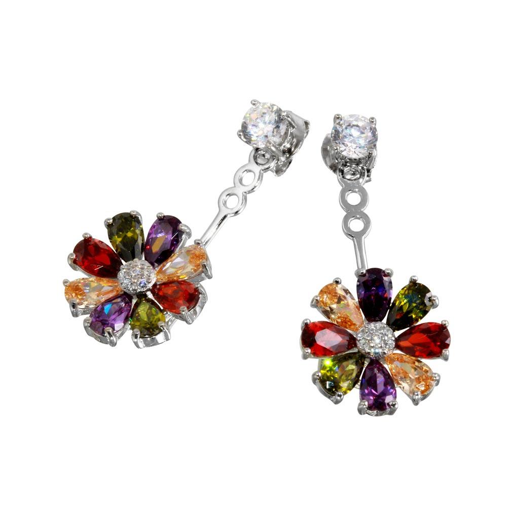 925 Sterling Silver Rhodium Plated Multi Color Sunflower Hanging Front and Back Earrings