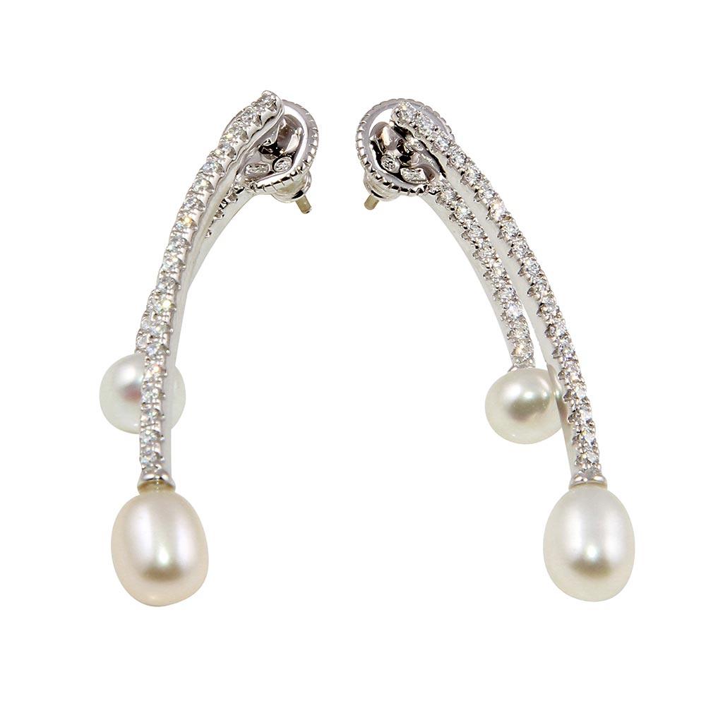 925 Sterling Silver Rhodium Plated Freshwater Pearl Drop Earrings with CZ