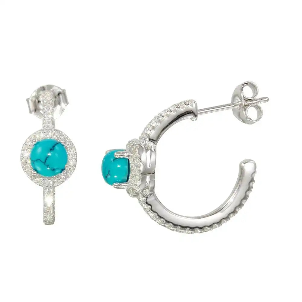 925 Sterling Silver Rhodium Plated Semi-Hoop CZ Earrings with CZ and Aqua Stone