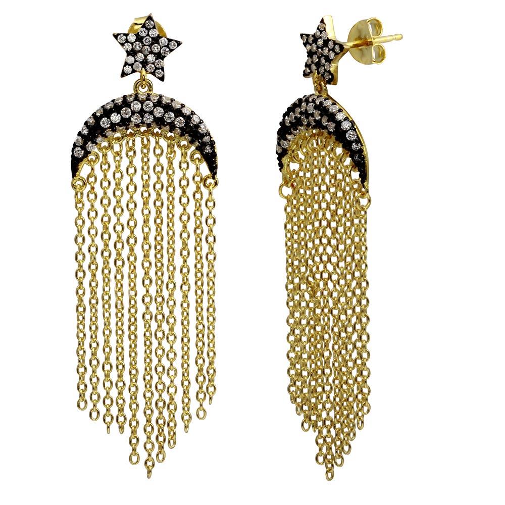925 Sterling Silver Gold Plated Moon and Star with Tassel