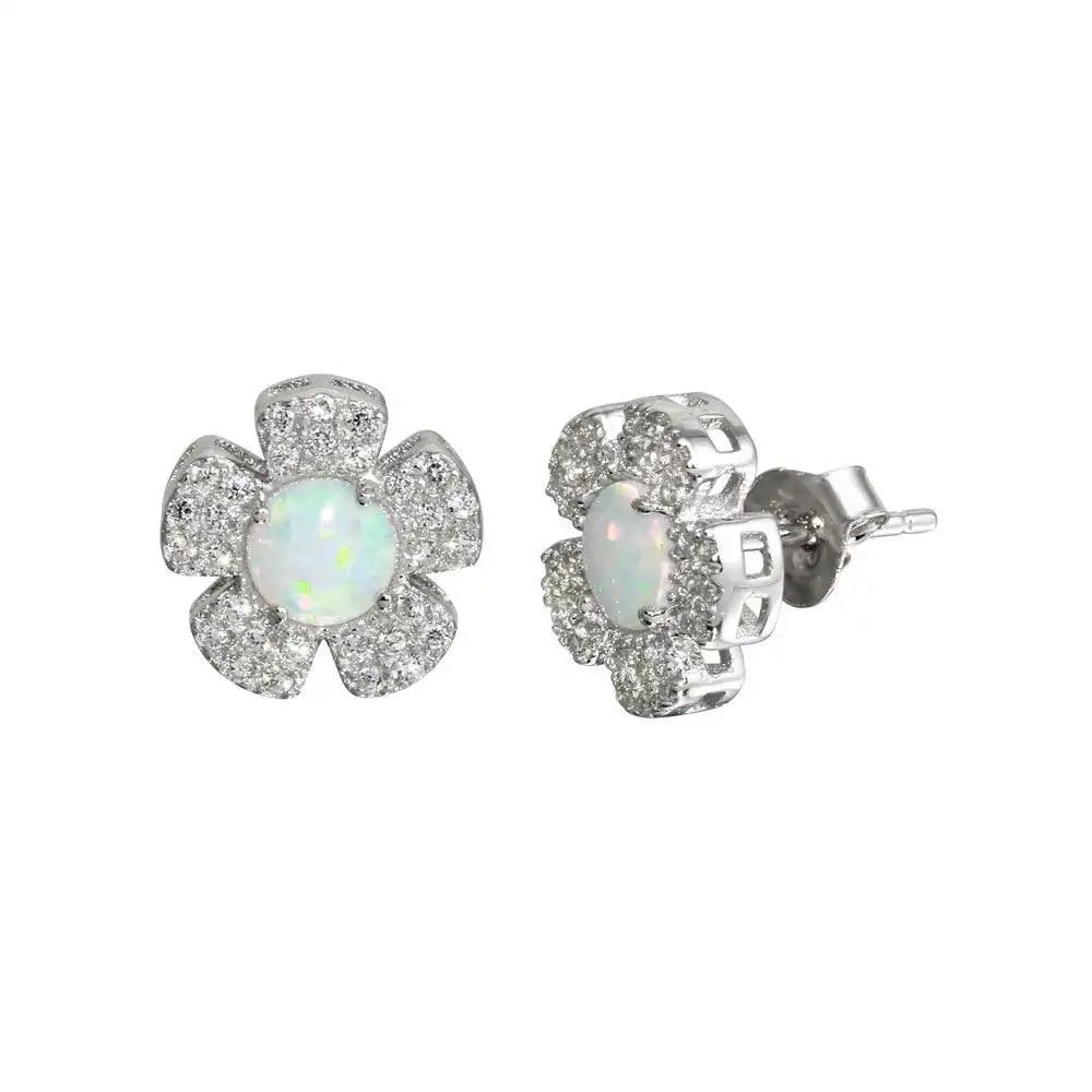 925 Sterling Silver Rhodium Plated CZ and Synthetic Flower Stud Earrings