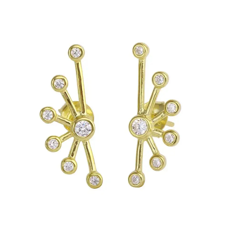 925 Sterling Silver Gold Plated Half Web Design Stud Earrings with CZ