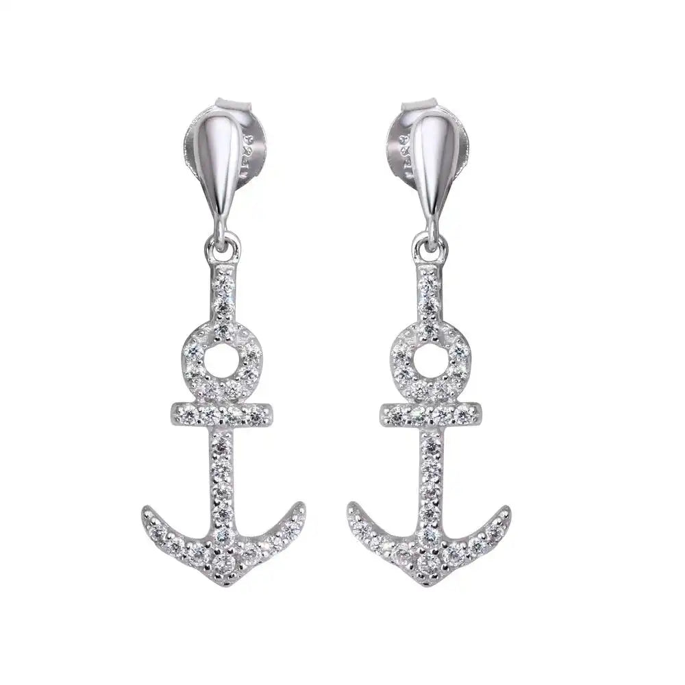 925 Sterling Silver Rhodium Plated Dangling Anchor Earrings with CZ