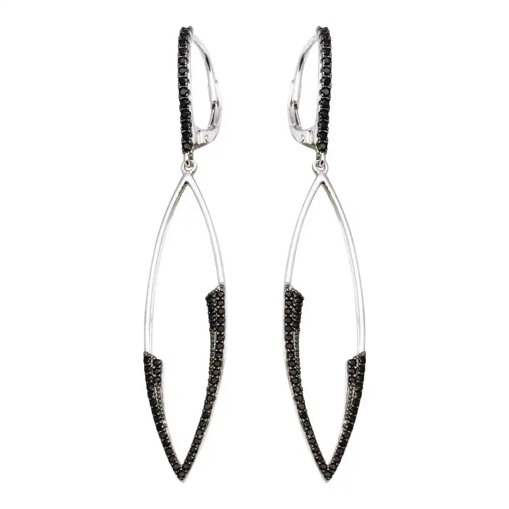 925 Sterling Silver Rhodium Plated Black CZ Marquee Drop Earrings