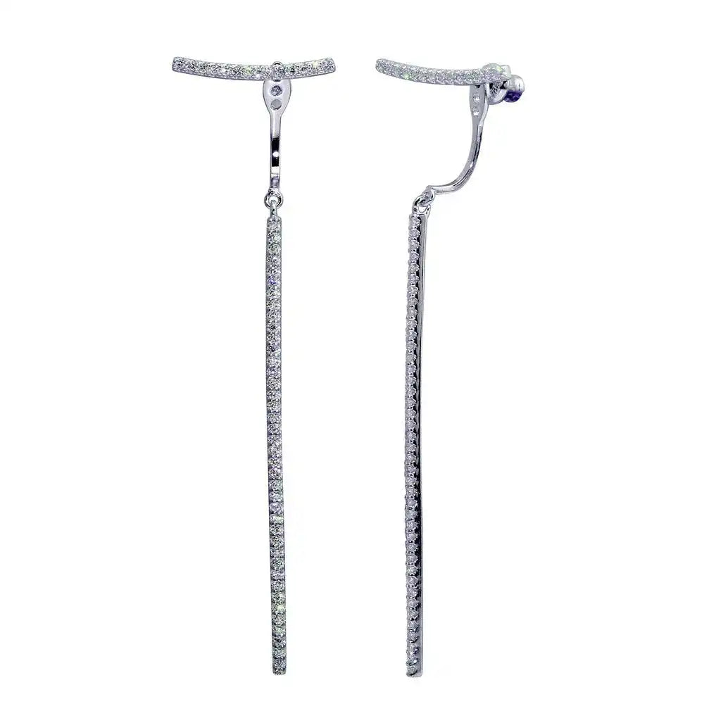 925 Sterling Silver Rhodium Plated Dangling Bar Earrings with CZ