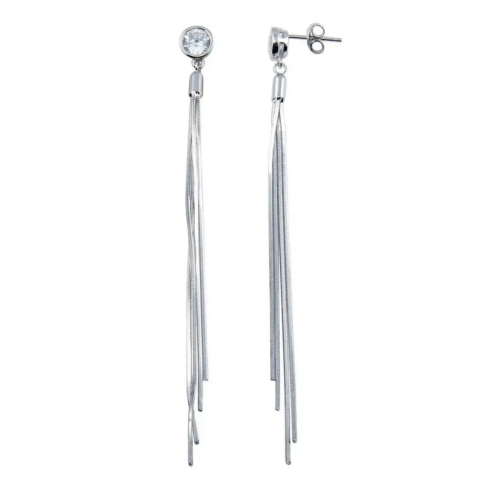 925 Sterling Silver Rhodium Plated Round CZ Center Snake SQ Dangling Earrings