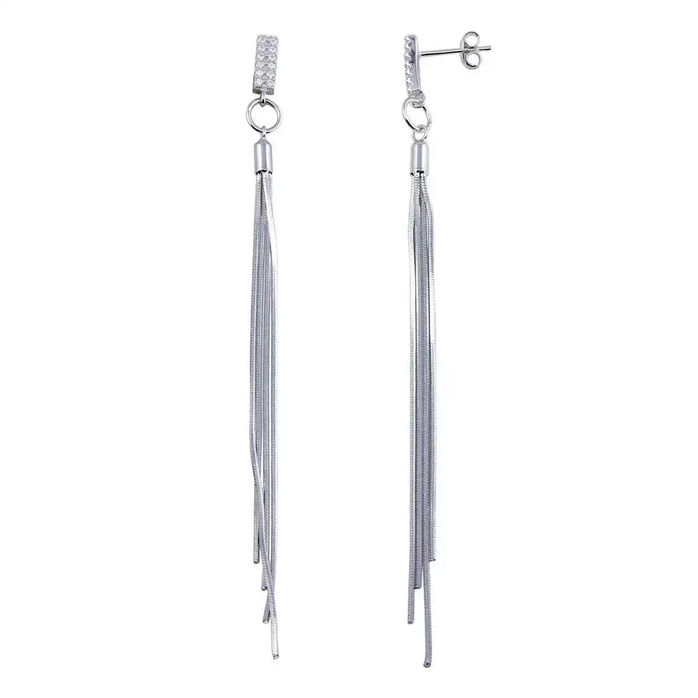 925 Sterling Silver Rhodium Plated CZ Bar Snake SQ Dangling Earrings