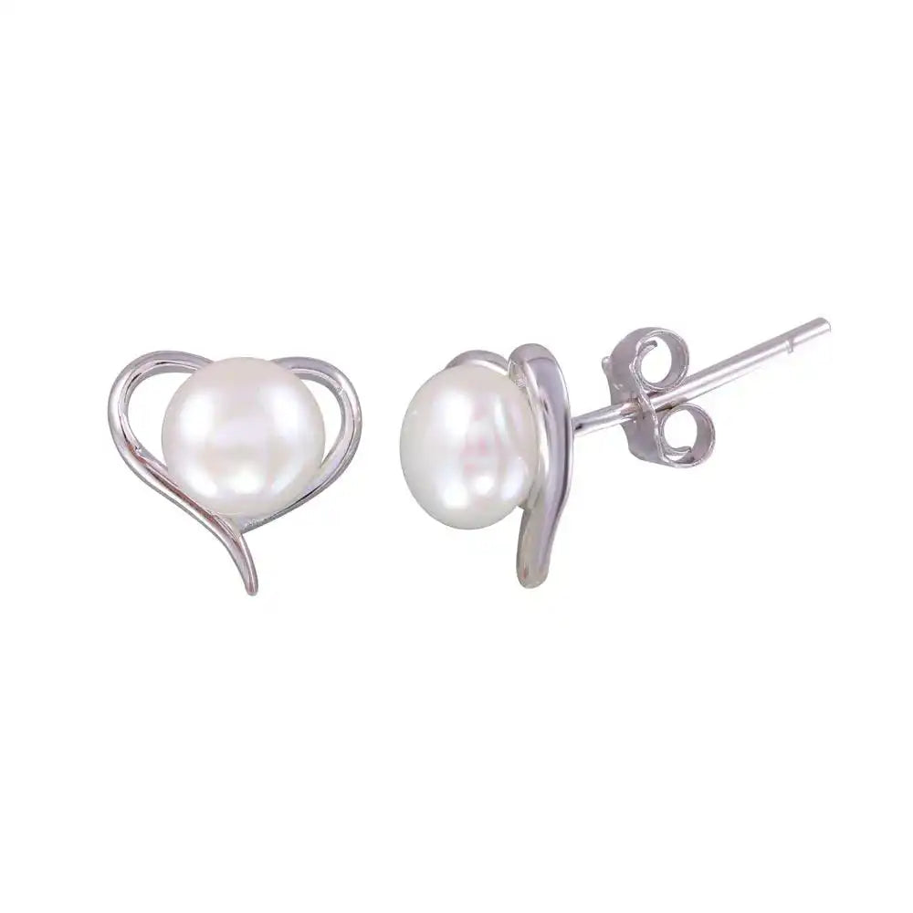 925 Sterling Silver Rhodium Plated Heart Stud Earrings with Synthetic Pearl