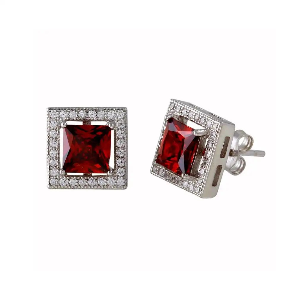 925 Sterling Silver Rhodium Plated Red Halo Square CZ Stud Earrings