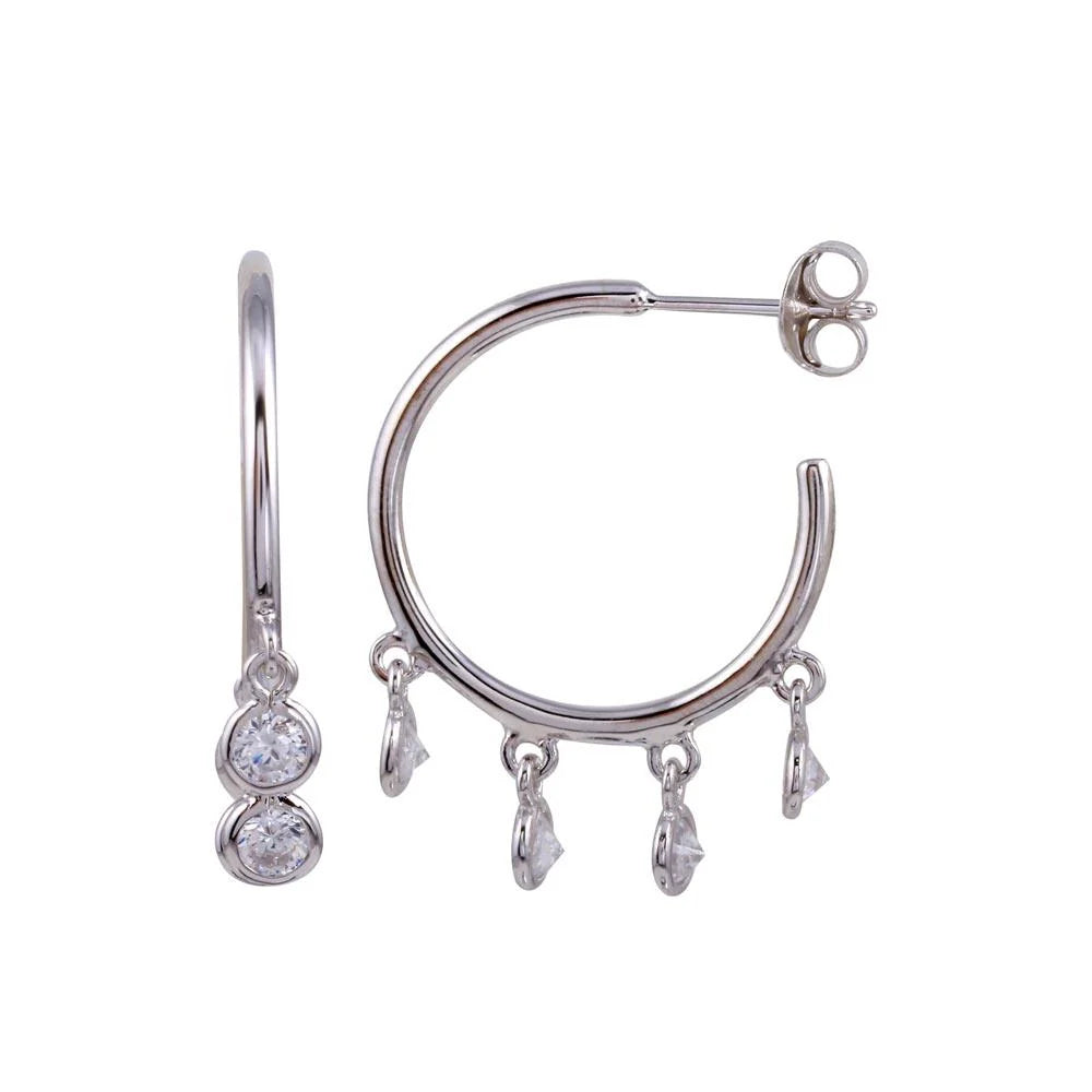 925 Sterling Silver Rhodium Plated Semi Hoop CZ Circular Earrings