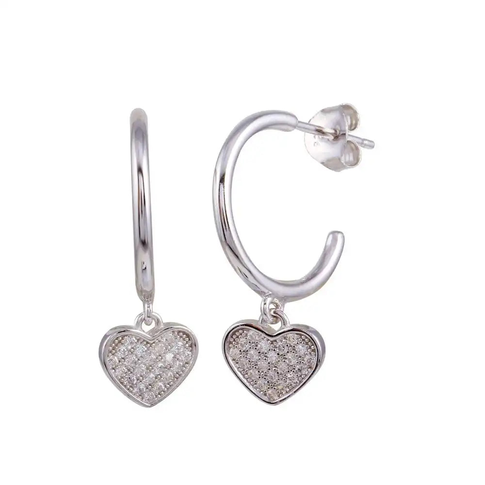 925 Sterling Silver Rhodium Plated Semi Hoop CZ Heart Shaped Earrings