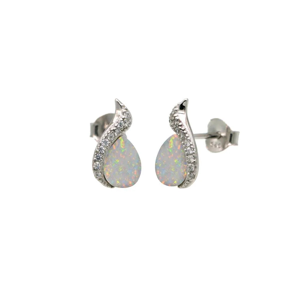 925 Sterling Silver Rhodium Plated Teardrop Synthetic Opal CZ Stud Earring