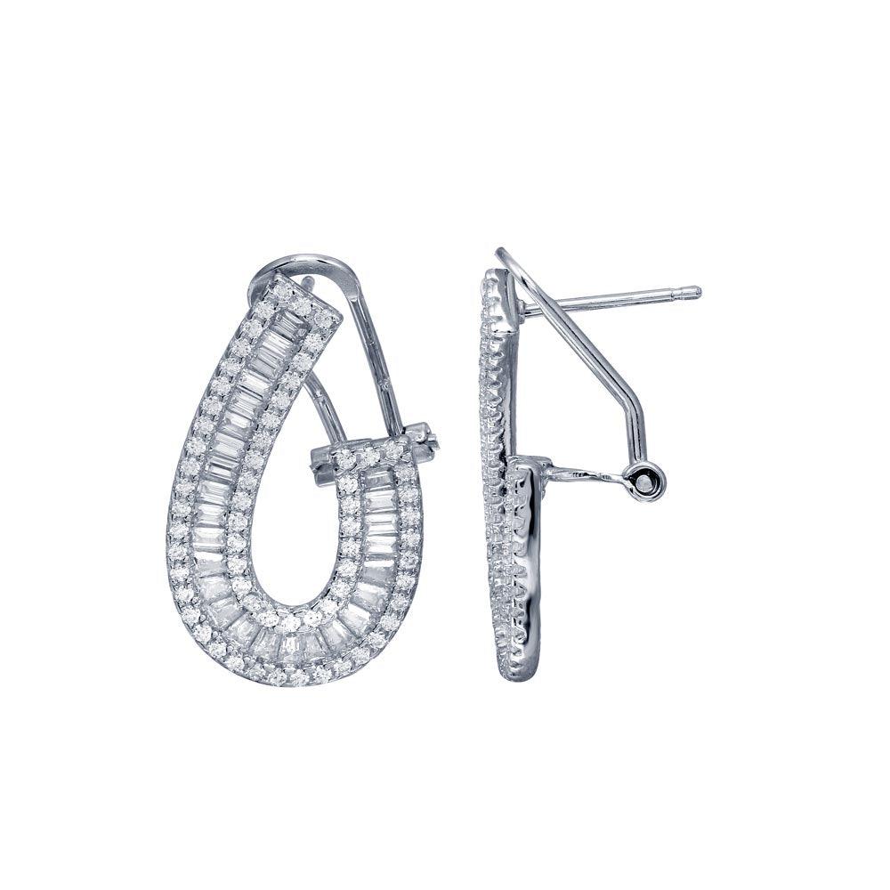 925 Sterling Silver CZ U Design Baguette Clip Post Earring