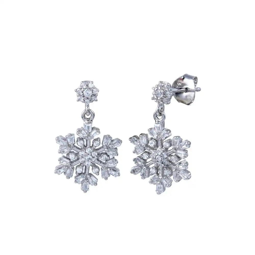 925 Sterling Silver Rhodium Plated Dangling CZ Snow Flakes Earring
