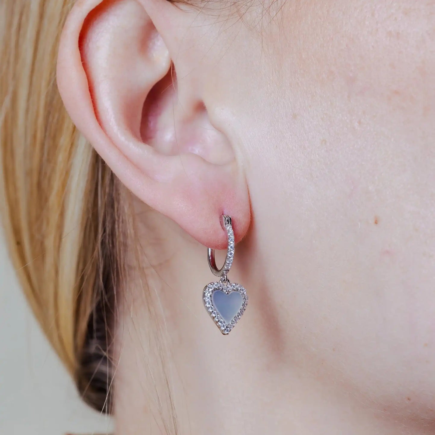 925 Sterling Silver Rhodium Plated Dangling CZ Heart with Mother of Pearl huggie hoop Earring